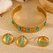 Synthetic Turquoise Cuff Bangles & Finger Ring & Stud Earrings Sets, Metal Jewelry Sets, Flat Round, Golden, Inner Diameter: 0.71 inch(18mm)