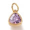 PVD Vacuum Plating 304 Stainless Steel Cubic Zirconia Pendant, Triangle, Golden, Plum, 12.5x9.5x5mm, Hole: 5mm