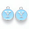 Platinum Plated Alloy Enamel Charms, Cadmium Free & Lead Free, Enamelled Sequins, Flat Round with Letter, Sky Blue, Letter.Y, 14x12x2mm, Hole: 1.5mm