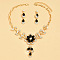 Flower Alloy Rhinestone Pendant Necklaces & Teardrop Stud Dangle Earrings Sets, Golden, Jet, 420mm