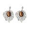 Natural Tiger Eye Pendants, Brass Leaf Charms, Platinum, Rack Plating, 31x21x7.5mm, Hole: 7.5x3.5mm