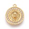Brass Micro Pave Cubic Zirconia Pendants, Long-Lasting Plated, Flat Round with Lion Head, Clear, Golden, 18x16x4mm, Hole: 1.2mm
