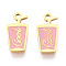 304 Stainless Steel Enamel Charms, Ion Plating(IP), Drink with Word Cool Charm, Real 14K Gold Plated, Pink, 12x6x0.9mm, Hole: 1mm