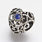 Tibetan Style Alloy Rhinestone European Beads, Large Hole Beads, Hollow Heart, Antique Silver, Blue, 12x12.5x9.5mm, Hole: 5mm