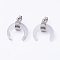 Natural Quartz Crystal Pendants, Rock Crystal Pendants, with Brass Findings, Double Horn/Crescent Moon, Platinum, 22~23x19~20x9mm, Hole: 5x7mm