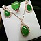 925 Sterling Silver Micro Pave Clear Cubic Zirconia with Natural Chalcedony Pendant Necklaces & Dangle Earrings & Rings Sets, Platinum, Oval, Green, 400mm