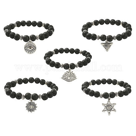 Эластичный браслет из натурального камня лавы с подвесками из сплава BJEW-JB09477-1