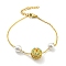Brass with Synthetic Turquoise Flat Round Link Bracelet with Plastic Pearl Beaded, with Ion Plating(IP) 304 Stainless Steel Chains, Long-Lasting Plated, Real 18K Gold Plated, 7-3/8 inch(18.7cm)