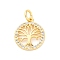 Brass Micro Pave Cubic Zirconia Pendants, Cadmium Free & Lead Free, Flat Round & Tree Charms, with Jump Ring, Real 16K Gold Plated, 15x12.5x2mm, Hole: 3.5mm