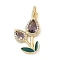 Brass Micro Pave Cubic Zirconia Pendants, Flower Charms, with Enamel and Jump Ring, Long-Lasting Plated, Cadmium Free & Lead Free, Real 18K Gold Plated, 19.5x12x2.5mm, Hole: 3mm