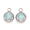 304 Stainless Steel Charms, Flat Round with Glass Rhinestone, Stainless Steel Color, Pale Turquoise, 14x10x6mm, Hole: 2.5mm