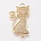 Brass Micro Pave Cubic Alloy Kitten Links connectors, Cat Silhouette Shape, Clear, Golden, 23x13x2mm, Hole: 1mm