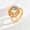 Brass Pave Cubic Zirconia Finger Rings for Women, Leaf with Flower, Blue, US Size 6(16.5mm)