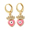 Real 18K Gold Plated Brass Dangle Leverback Earrings, with Enamel and Cubic Zirconia, Heart with Evil Eye, Hot Pink, 30x11mm