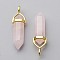 Natural Rose Quartz Double Terminated Pointed Pendants, with Random Alloy Pendant Hexagon Bead Cap Bails, Golden, Bullet, 37~40x12.5x10mm, Hole: 3x4.5mm