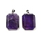 Natural Amethyst Pendants, Faceted Rectangle Charms, with Rack Plating Brass Findings, Platinum, 34x23x8mm, Hole: 4.5x6mm