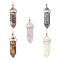 5Pcs 5 Styles Natural Mixed Gemstone Double Terminated Pointed Pendants, Faceted Bullet, with Platinum Plated Random Alloy Pendant Hexagon Bead Cap Bails, 37~40x12mm, Hole: 3x4mm, 1pc/style