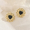 Stainless Steel Flower with Heart Stud Earrings, Golden, Black, 21x21mm