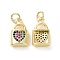 Brass Micro Pave Colorful Cubic Zirconia Charms, Cadmium Free & Nickel Free & Lead Free, with Jump Ring, Lock with Heart, Real 18K Gold Plated, 14x8.5x4mm, Hole: 3.2mm