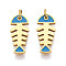 304 Stainless Steel Enamel Pendants, with Jump Ring, Real 18K Gold Plated, Fishbone Charm, Ion Plating(IP), Dodger Blue, 16x7x1.5mm, Hole: 2.5mm