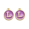 Golden Plated Alloy Enamel Charms, Enamelled Sequins, Flat Round with Alphabet, Letter.L, Purple, 14x12x2mm, Hole: 1.5mm