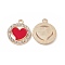 Alloy Crystal Rhinestone Pendants, with Enamel, Flat Round with Heart Charms, Light Gold, 19x16x2mm, Hole: 1.8mm