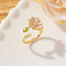 Brass Cuff Rings for Women, with Enamel & Rhinestone, Flower, Golden, Pink, Inner Diameter: 15~20mm