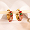 Chinese Retro Stainless Steel Enamel Ring with Flower Pattern Hoop Earrings, Golden, Red, 15.6x6mm