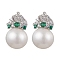 Natural Pearl Ear Studs, with Sterling Silver Micro Pave Cubic Zirconia Findings, Round, Platinum, 15x9mm
