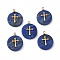 Natural Lapis Lazuli Pendants, Flat Round with PVD Vacuum Plating 201 Stainless Steel Cross Pattern, Real 18K Gold Plated, 18.5~19.5x14.5~15x3~4mm, Hole: 1.4mm