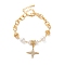 Brass Micro Pave Cubic Zirconia Charm Bracelets, with ABS Plastic Imitation Pearl, Star, Real 18K Gold Plated, 7-1/4 inch(18.5cm)