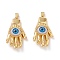 Brass Pendants, with Resin Cabochons, Long-Lasting Plated, Hand with Evil Eye, Real 18K Gold Plated, Dodger Blue, 43x23x10mm, Hole: 5x3.5mm