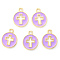 Light Gold Plated Alloy Enamel Pendants, Flat Round with Cross, Orchid, 15x12x1.5mm, Hole: 1.6mm