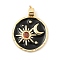 Rack Plating Brass Rhinestone Pendants, with Enamel, Cadmium Free & Nickel Free & Lead Free, Flat Round with Moon & Sun Charms, Real 18K Gold Plated, Black, 21x18x2.5mm, Hole: 3.5x2mm