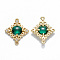 Glass Links connectors, with Eco-Friendly Alloy Open Back Berzel Findings and Clear Cubic Zirconia, Rhombus, Nickel Free, Light Gold, Green, 23.5x19x4.5mm, Hole: 1.2mm