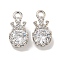 Brass Micro Pave Cubic Zirconia Charms, Long-Lasting Plated, Lead Free & Cadmium Free, Flat Round, Platinum, 13x7x5mm, Hole: 1.6mm