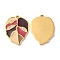 Real 18K Gold Plated 304 Stainless Steel Rhinestone Pendants, with Enamel, Leaf Charms, Coconut Brown, 21.5x16x2mm, Hole: 1mm