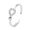 Clear Cubic Zirconia Hollow Heart Open Cuff Ring, Brass Jewelry for Women, Cadmium Free & Lead Free, Platinum, Inner Diameter: 18mm