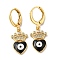 Real 18K Gold Plated Brass Dangle Leverback Earrings, with Enamel and Cubic Zirconia, Heart with Evil Eye, Black, 30x11mm