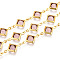 Brass Rhombus Link Chains, with Glass, Soldered, with Spool, Long-Lasting Plated, Golden, Pale Violet Red, 15x9x2.5~3mm, about 32.81 Feet(10m)/Roll