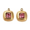 304 Stainless Steel Pendants, with Cerise Glass, Square Charms, Real 14K Gold Plated, 15x12x3.5mm, Hole: 1.8mm