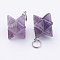 Natural Amethyst Pendants, with 201 Stainless Steel Split Rings, Merkaba Star, 23~24x17~17.5x20mm, Hole: 6mm