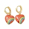 Heart with Rainbow Real 18K Gold Plated Brass Dangle Hoop Earrings, with Cubic Zirconia and Enamel, Coral, 34.5x18mm