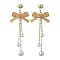 Brass Bowknot Dangle Stud Earrings, Shell Pearl Tassel Earrings, Golden, 48x22.5mm
