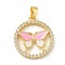 Brass Micro Pave Cubic Zirconia Enamel Pendants, Cadmium Free & Nickel Free & Lead Free, Ring & Butterfly Charms, Real 18K Gold Plated, Pearl Pink, 22x19x3mm, Hole: 5x2.5mm