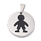 304 Stainless Steel Pendants, with Enamel, Polishing, Flat Round with Silhouette Boy, Stainless Steel Color, 25x3mm, Hole: 7.5x5mm