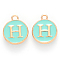 Golden Plated Alloy Enamel Charms, Cadmium Free & Lead Free, Enamelled Sequins, Flat Round with Letter, Turquoise, Letter.H, 14x12x2mm, Hole: 1.5mm