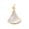 Brass Pave Natural White Shell Pendants, Real 18K Gold Plated, with Jump Rings, Long-Lasting Plated, Lead Free & Cadmium Free, Rack Plating, Fan, 20x15.5x2mm, Hole: 3mm