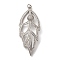 Brass Micro Pave Cubic Zirconia Big Pendants, Leaf Charms, with Jump Ring, Rack Plating, Lasting Plated, Cadmium Free & Lead Free, Platinum, 50.5x21x8mm, Hole: 3mm