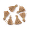 Polycotton(Polyester Cotton) Tassel Pendant Decorations, Mini Tassel, with Iron Findings and Metallic Cord, Light Gold, Camel, 10~15x2~3mm, Hole: 1.5mm